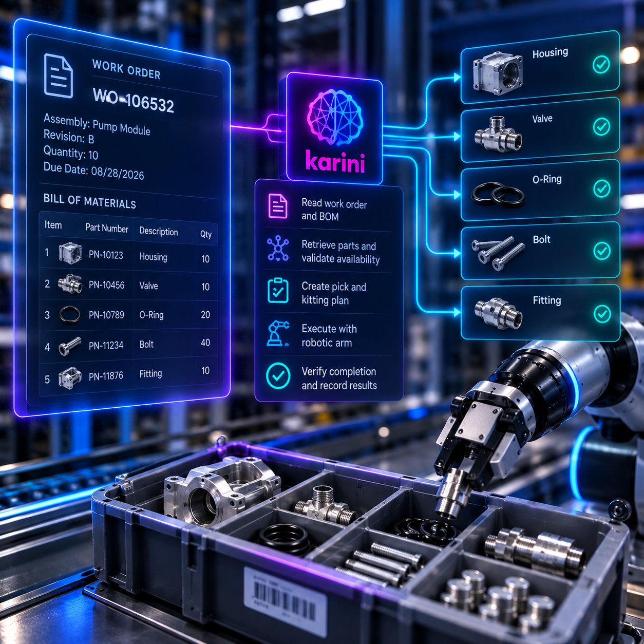 Hybrid intelligence for manufacturing OT: a robotic arm building a kit on the Karini AI IMTS 2026 kitting cell